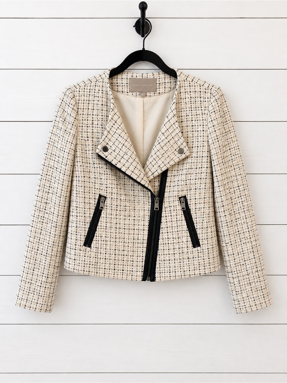 Banana Republic Cream Tweed Moto Blazer with Black Trim